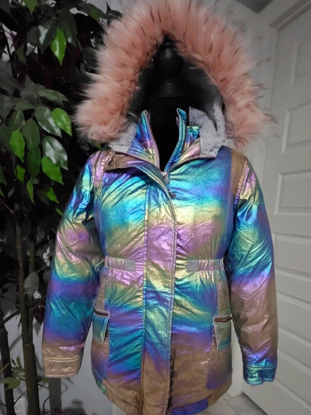 Appaman Iridescent Rainbow Faux-Fur Hooded Puffer Coat